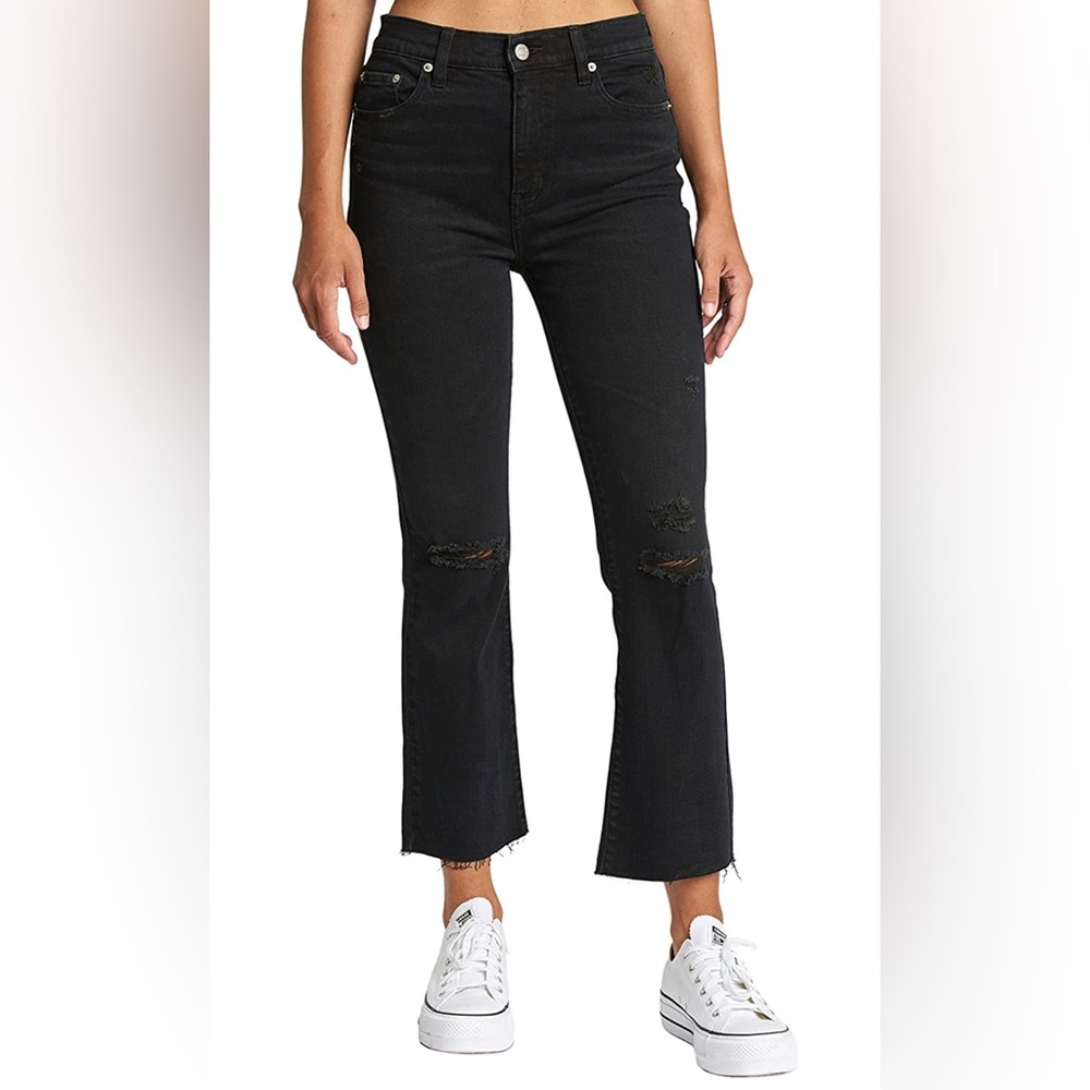 High Rise Crop Flare Black Jeans with Frayed Hem